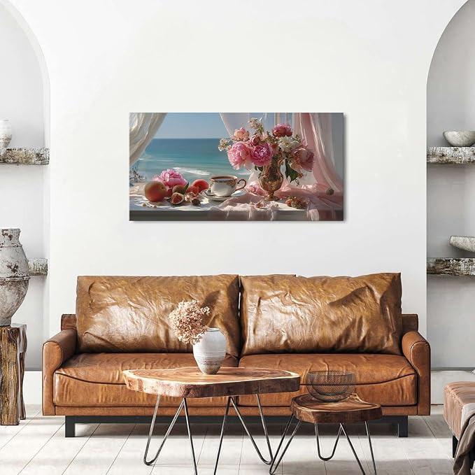 Vintage Pink Flower Wall Art Retro Flowers in Golden Vase Pictures Blue Ocean - Image 4