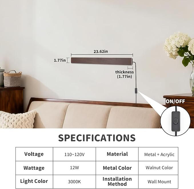 Farmhouse Plug in Wall Sconces, 23.6 inch Faux Walnut Finish LED Long Wall - Image 3