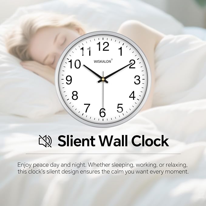 WISKALON 10 Inch Wall Clock, Silent Non-Ticking Round Silver Frame Clock - Image 4