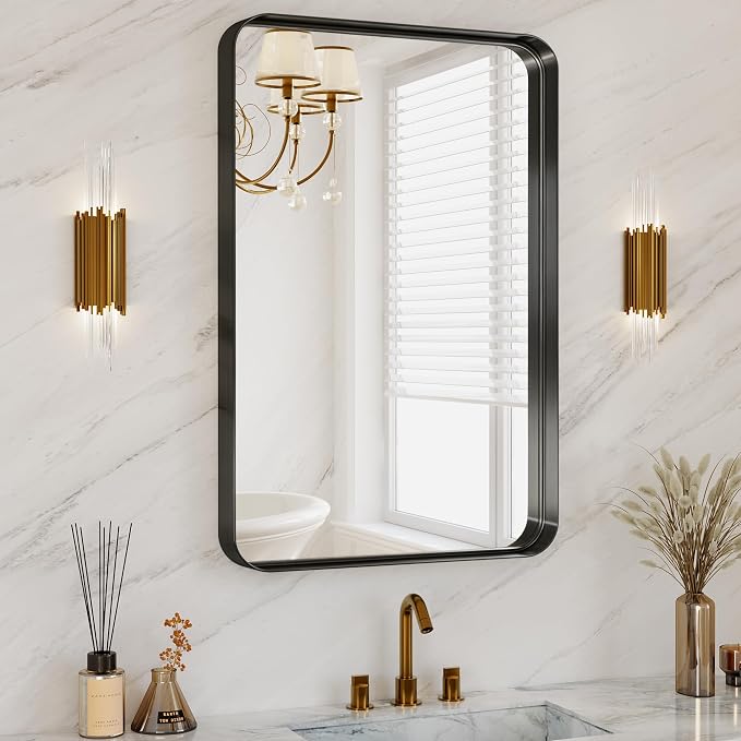 Matte Black Metal Framed Vanity Rounded Rectangle Bathroom 24X32 Inch Mirrors by MYSUNORIA
