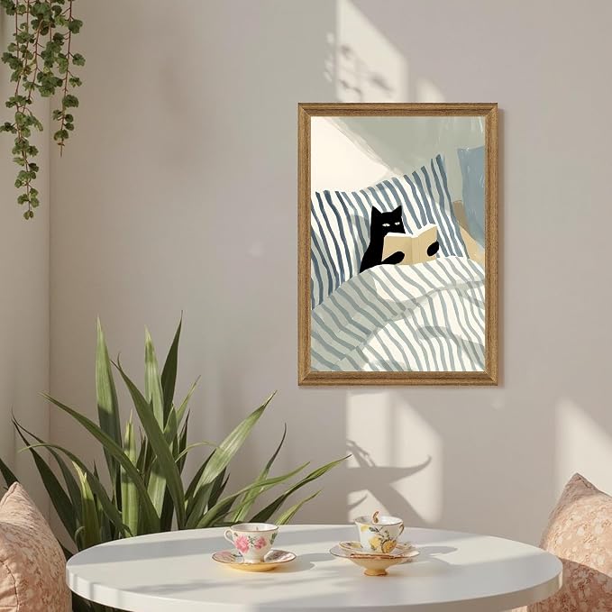Fantasy Artists Reading Black Cat on Bed Wood Framed Wall Art, 16x24 Inches - Image 2