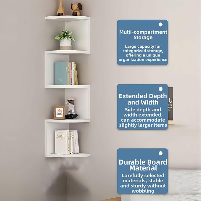 5-Tier Corner Shelf Wall Mount, Screw-Mounted Floating Bookshelf - Image 4