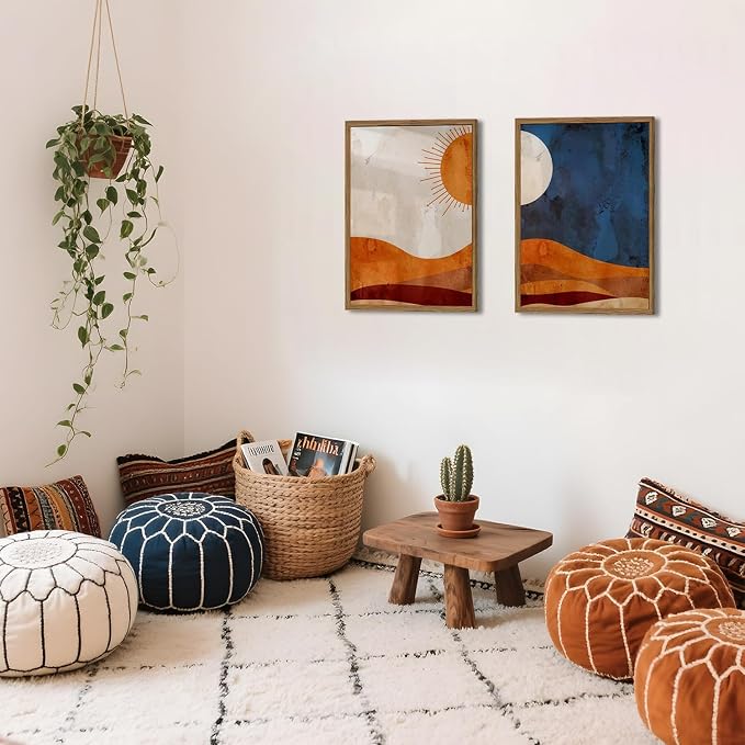 Framed Boho Sun and Moon Canvas Wall Art Set of 2, Vintage Western Desert - Image 2