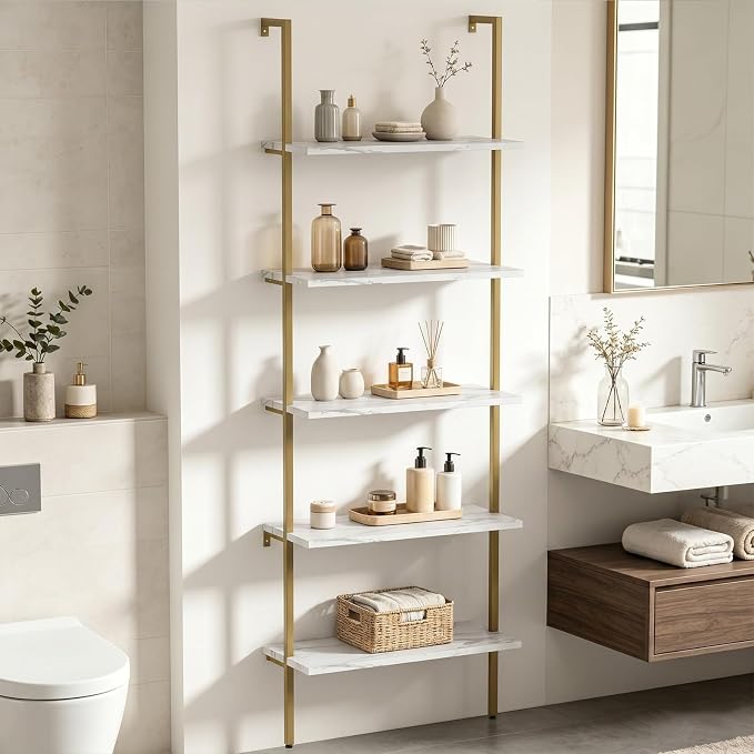 aboxoo Ladder Shelf White Marble Bookshelf 5-Tier Wall-Mounted Wood Rack - Image 4