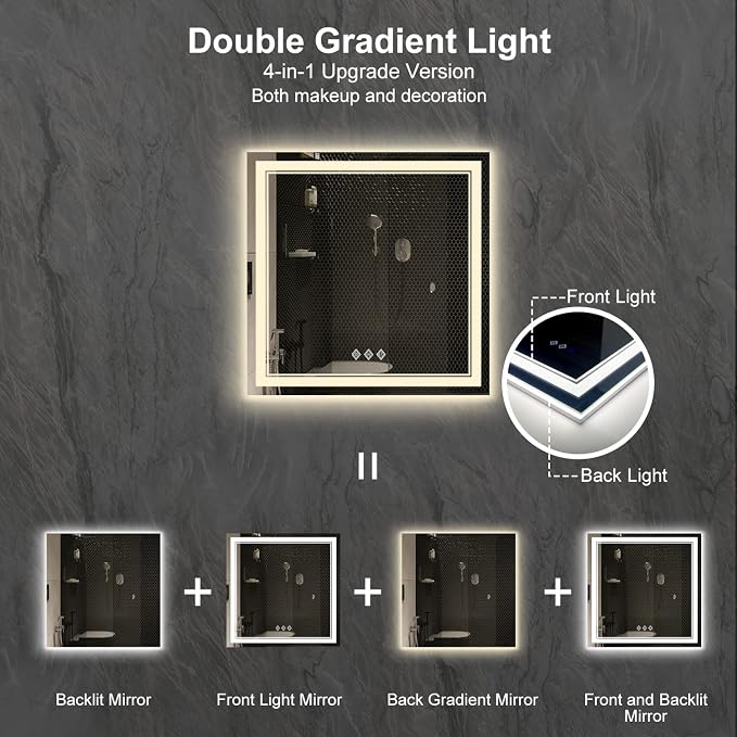 LED Bathroom Mirror, 32x32 Inch Gradient Front and Backlight Lighted Vanity - Image 4