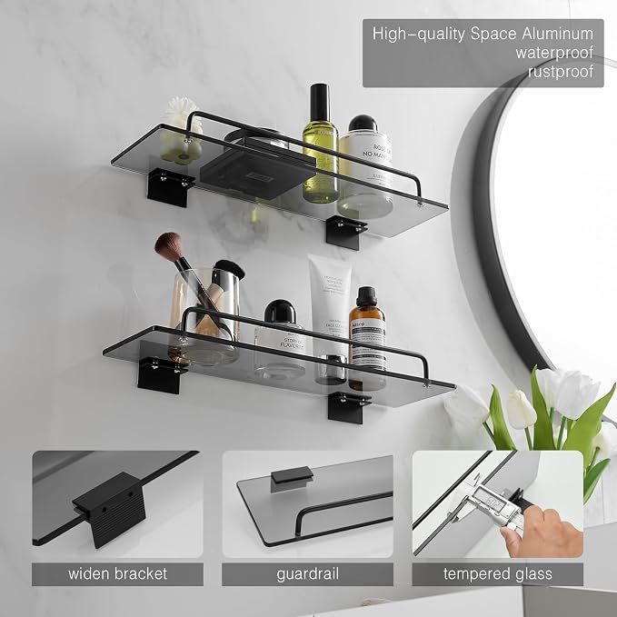 Voldra Glass Shelf for Bathroom, 2 Pack Adhesive Shower Shelves for Inside - Image 2