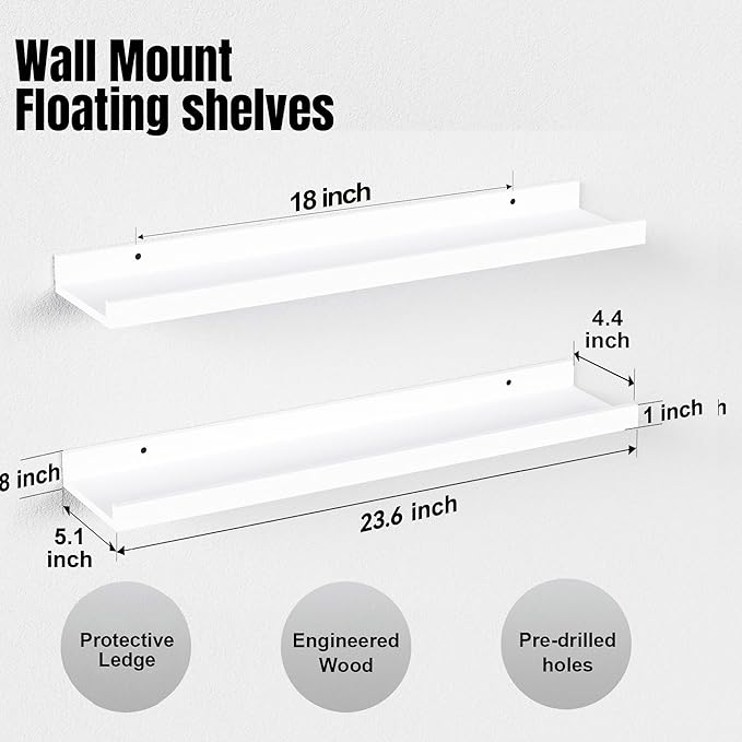 Boswillon 23.6 Inches Long Floating Shelves, 2 Set Modern White Wall Shelf - Image 3