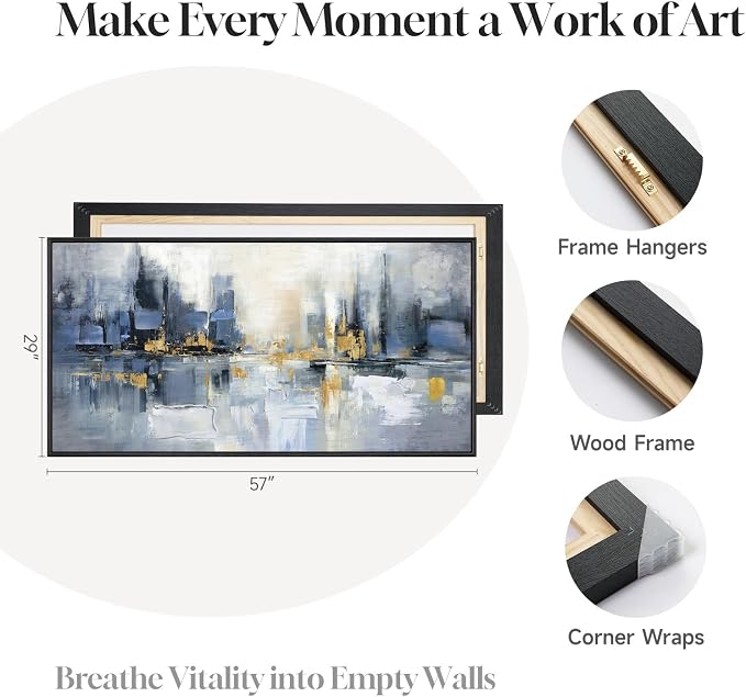 Framed Blue Abstract Wall Art for Living Room, Extra Large Modern Cityscape - Image 5