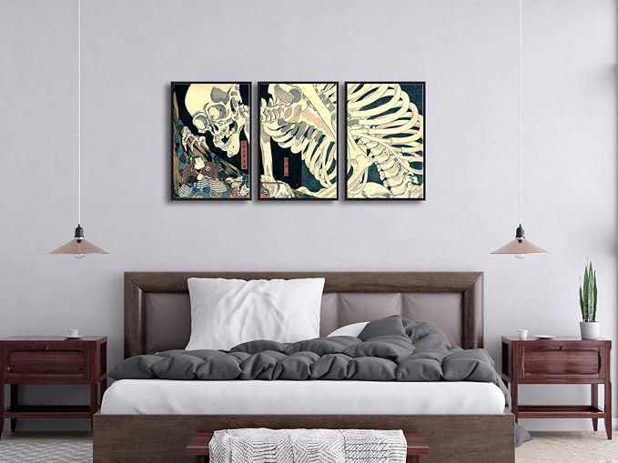 Wieco Art Black Framed 3 Piece Witch and Skeleton Ukiyo-E by Utagawa Takiyasha - Image 4
