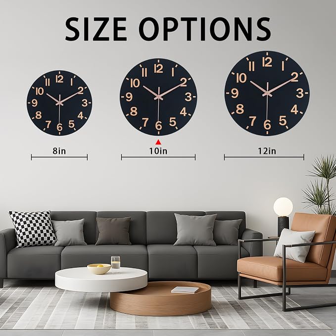 HZDHCLH Wall Clock 10 Inch Silent Non Ticking Wood Battery Operated Black - Image 4