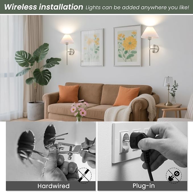 Wireless Wall Sconce Sets of 2, Pleated Shades Rechargeable Battery Operated - Image 8
