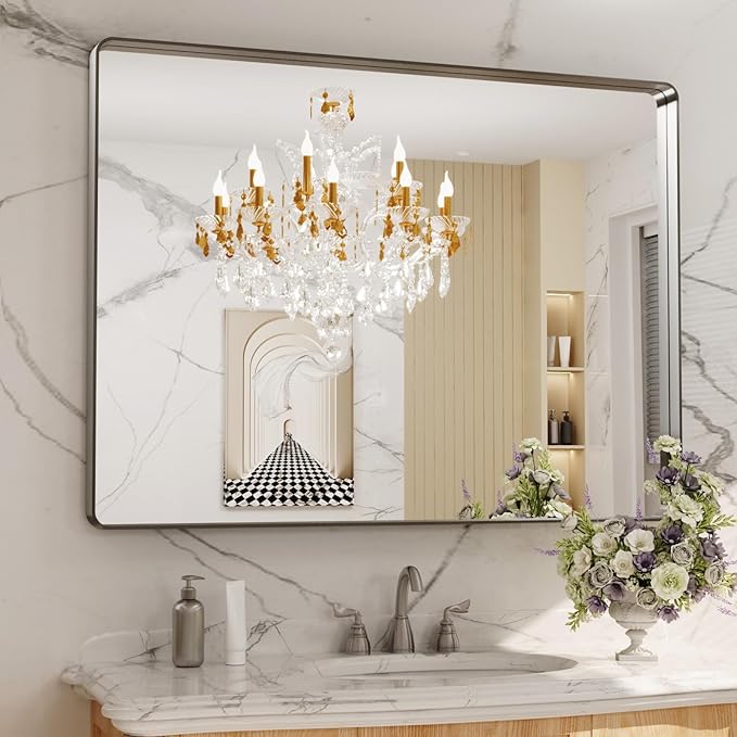 LOAAO 48X36 Inch Brushed Nickel Bathroom Mirror, Rounded Rectangle Silver Metal by LOAAO