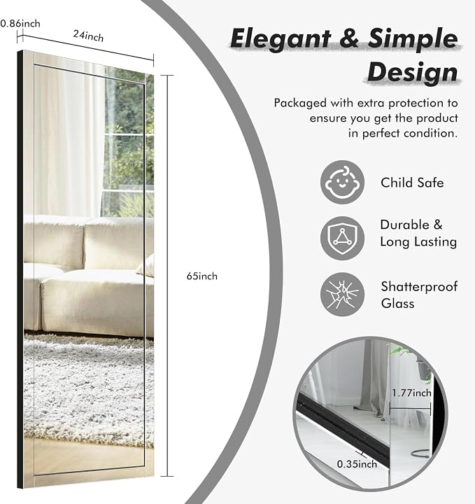 Syndra 65‘’x24‘’ Beveled Edge Full Length Mirror, Frameless Wall-Mounted & - Image 3