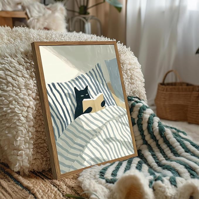 Funny Black Cat Wall Art Painting, Whimsical Cat in Stripe Bed Reading Wall - Image 6