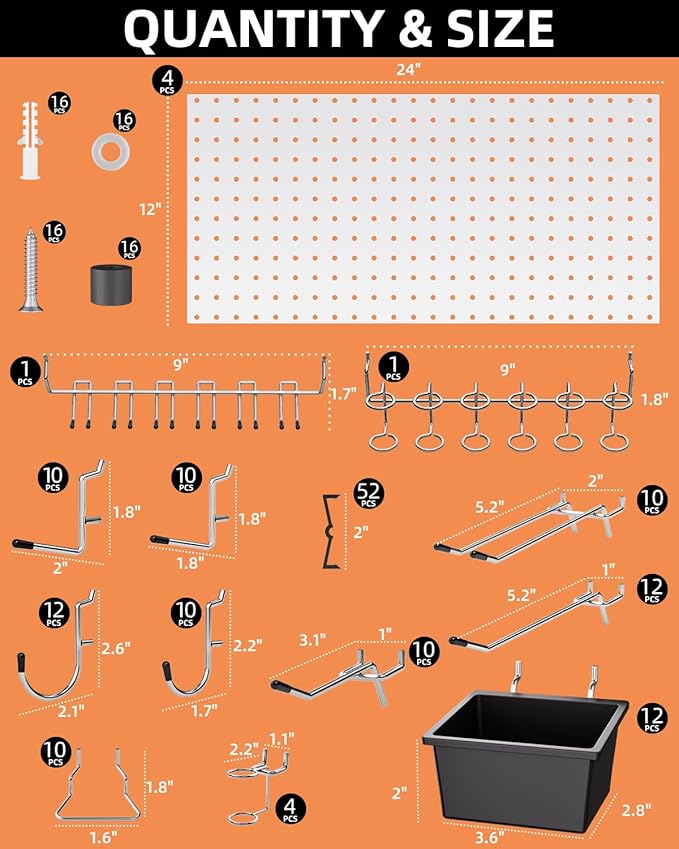 INCLY 158PCS Metal Pegboard Wall Organizer, 48x24 Inch White Pegboard Panels - Image 4