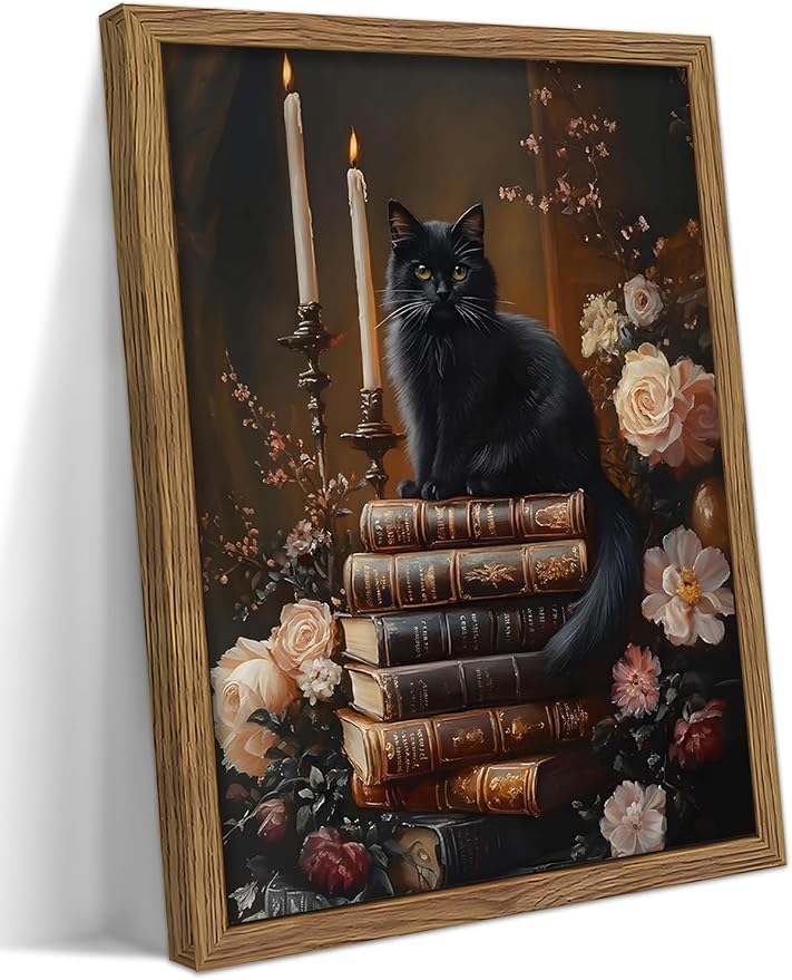 Vintage Dark Academia Framed Wall Art, Victorian Black Cat Floral Canvas Prints by MUWAKWallArt