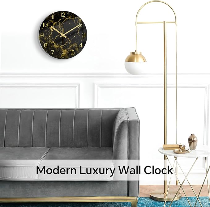 VIKMARI Black Modern Marble Texture Clock Gold Hands Rustic Kitchen Decor 12 - Image 3
