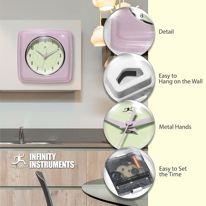 Infinity Instruments Square Retro Wall Clock, Pastel Pink - Image 6