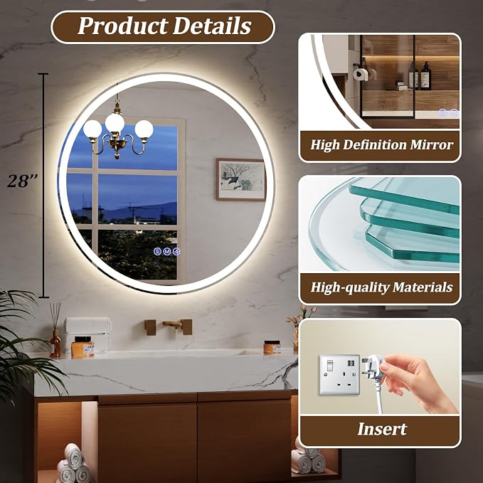 BEAUTYPEAK 28x28 LED Round Bathroom Mirror - Image 6