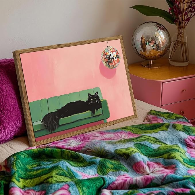 Funny Black Cat Wall Art, Cute Animal Wall Decor Painting, Eclectic Disco Ball - Image 6