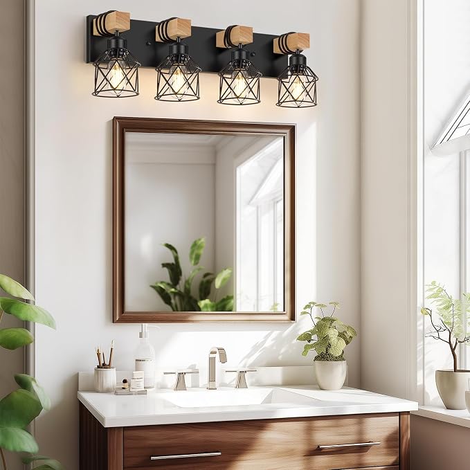 FadimiKoo 4-Light Rustic Style Wood Bathroom Vanity Light Fixtures, Farmhouse - Image 4