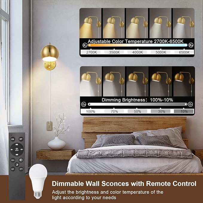 VATONI Wall Sconce with Remote Control, Plug in Wall Sconces Dimming 0-100% and - Image 2