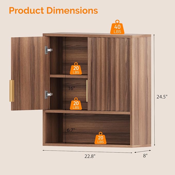 VINGLI Bathroom Wall Cabinet, Walnut Fluted Medicine Cabinet - Image 3