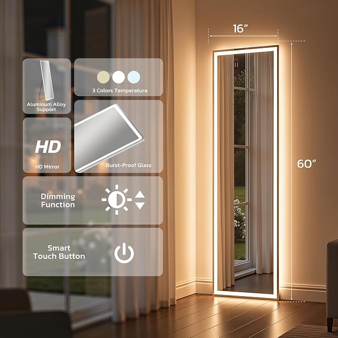 Full Length Mirror with LED Lights, Free Standing Floor Mirrors, Lighted Full - Image 4