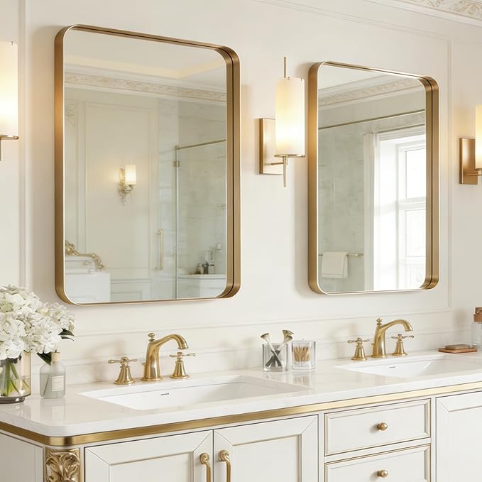 USHOWER Gold Bathroom Mirrors 22"x30" 2 Pack, Brushed Gold Rounded Rectangle by USHOWER