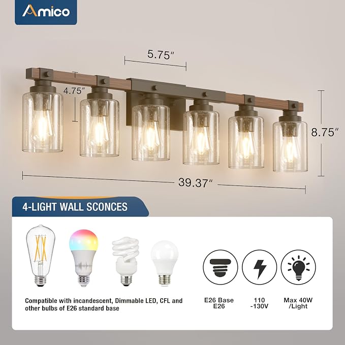 Amico Farmhouse Bathroom Vanity Light Fixtures, Rustic 6-Light Industrial - Image 9