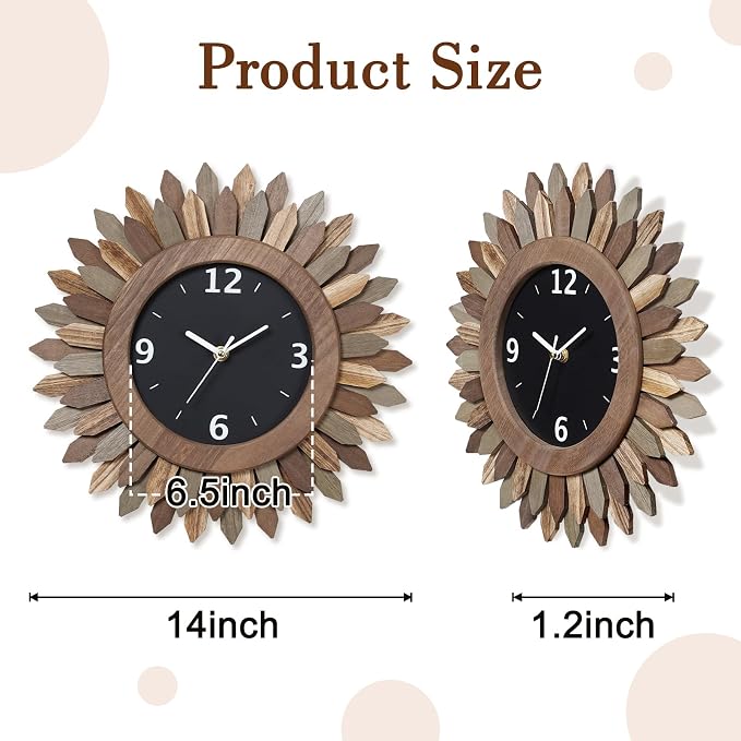 Honiway 14 Inch Wall Clock, Rustic Wood Boho Sunburst Decorative Wall Clocks - Image 5