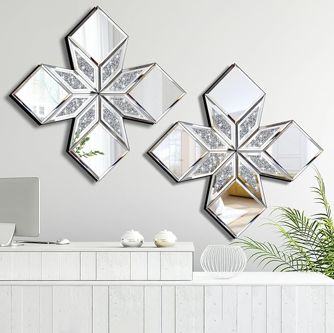 Crushed Diamond Decorative Mirror 2 Pack 16.75x16.75” Diamond Shape Glass Decor by VOHJD
