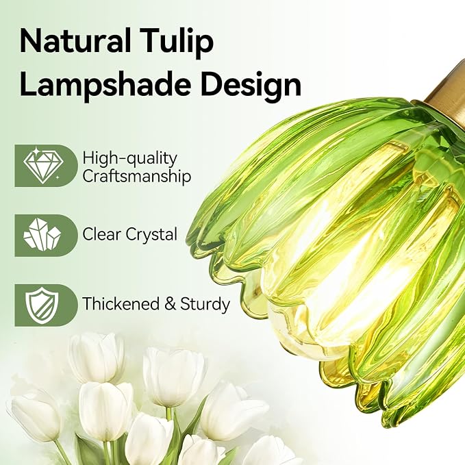 3-Light Vanity Lights with Green Tulip Glass Shade, Vintage Vanity Wall Sconce - Image 4