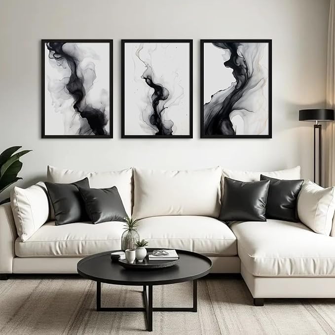 Black White Abstract Wall Art Decor Set of 3 Modern Wall Art Minimalist Canvas - Image 3