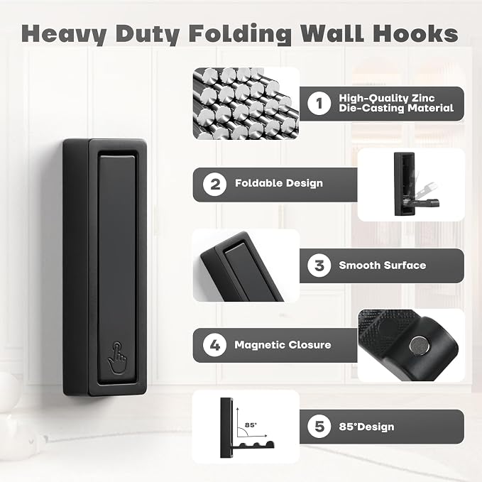 Folding Wall Hooks, Heavy Duty Zinc Alloy No Rust Fold Up Hooks - Image 3