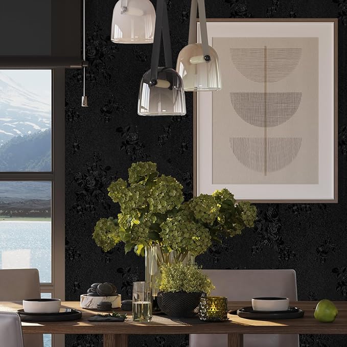 Black Peel and Stick Wallpaper Floral Black Wallpaper 17.7inch x 393.7inch - Image 4