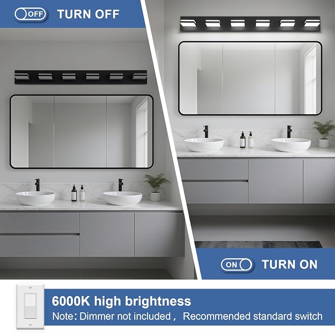 Modern LED Bathroom Lights Fixtures 6-Light, Metal Black Acrylic Wall Lighting - Image 3