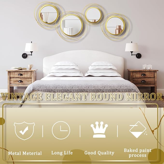 Hicarer 4 Pcs Decorative Wall Mirror Round Modern Circle Mounted Mirror Metal - Image 5