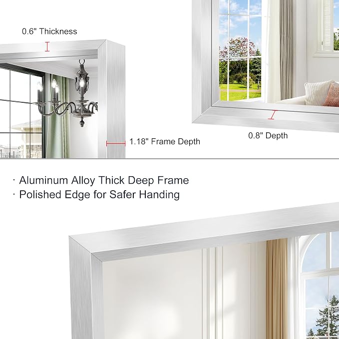 30x55 Silver Bathroom Mirror, Brushed Silver Rectangular Mirror - Image 6