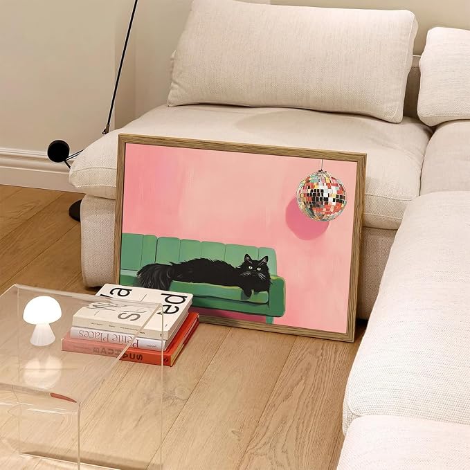 Funny Black Cat Wall Art, Cute Animal Wall Decor Painting, Eclectic Disco Ball - Image 4