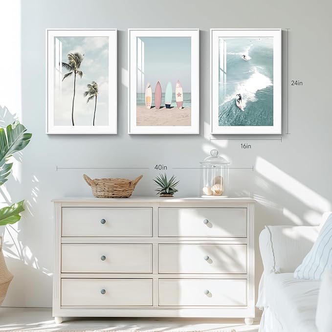Framed Coastal Wall Art for Living Room, 3 Piece Beach Surfboard Palm Tree - Image 3