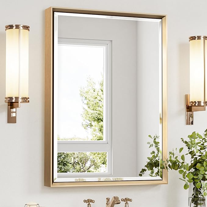 Gold Bathroom Mirror, 22x30 Brushed Gold Bathroom Mirror Beveled Edge, by QUEENFUN