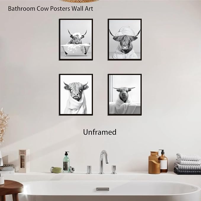 SEHSUVC Funny Bathroom Cow Posters Wall Art Set of 9, Vintage Black and White - Image 6