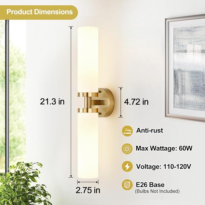 Wall Sconces Set of Two, Hardwired Brushed Gold Bathroom Sconces Wall Lighting - Image 4