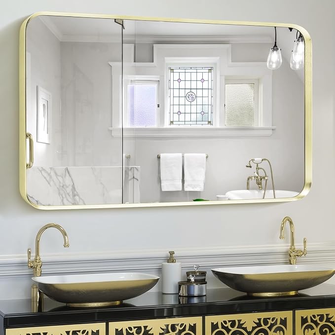 Large Gold Bathroom Mirror, Rounded Corner Rectangular Brushed Gold Frame - Image 4