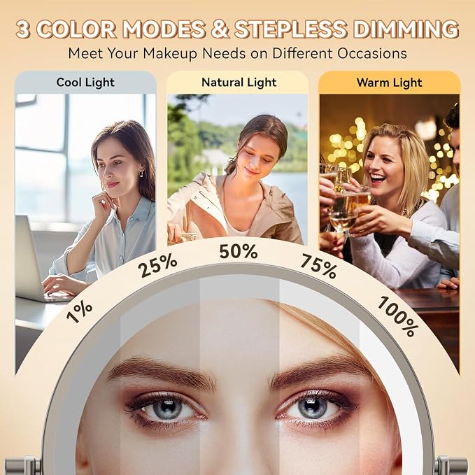 Auxmir 1X/30X Wall Mounted Lighted Makeup Mirror, Touch Dimmable 3 Color Lights - Image 3