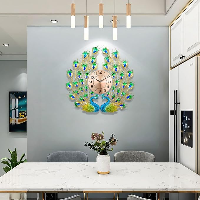 Large Peacock Wall Clock Silent Non-Ticking, 3D Creative Luxury Decorative Wall - Image 3