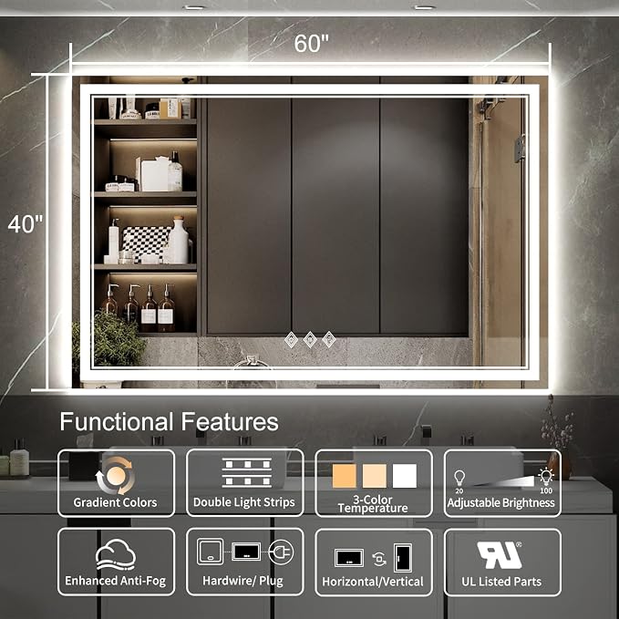 Bathroom Mirror with Lights, 60x40 Inch Gradient Front and Backlit Mirror - Image 2