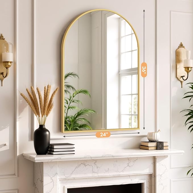 Bathroom Mirror for Wall, 36x24 Inch Arched Mirror, Matte Gold Metal Framed - Image 7