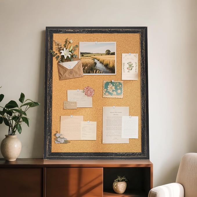Cork Board Bulletin Board, Rustic Black Wooden Frame, Decorative Hanging Pin - Image 2
